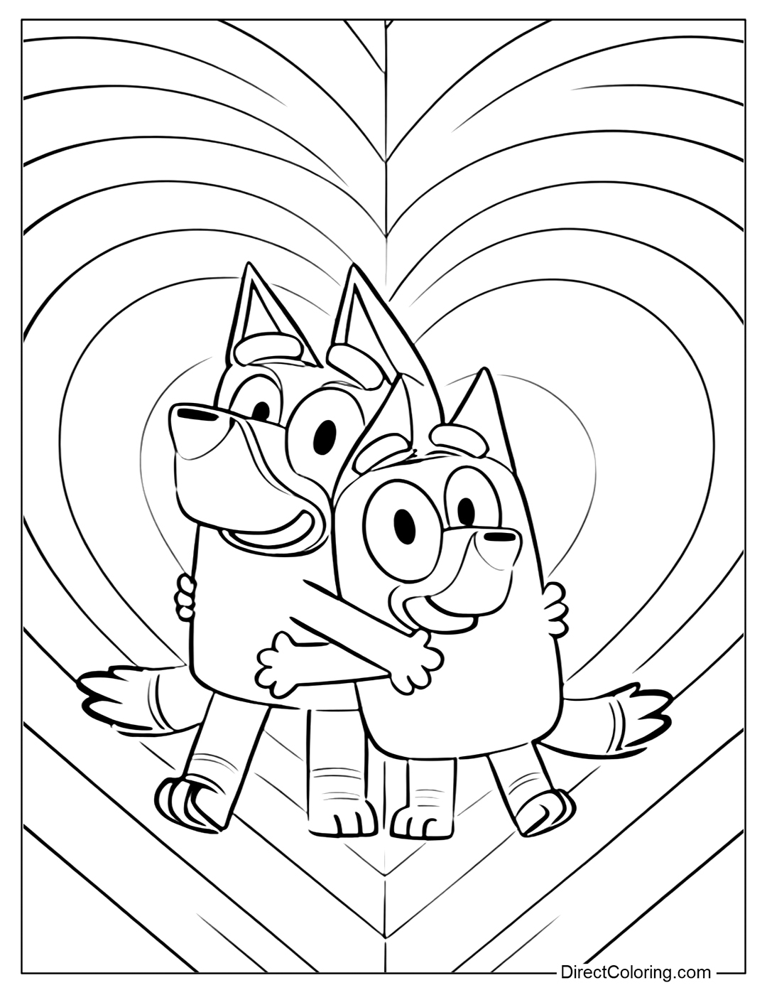 Bluey and Bingo Swirl Hug Coloring Page